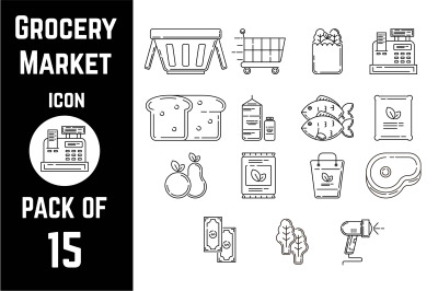 Grocery market icon pack bundle lineart vector template