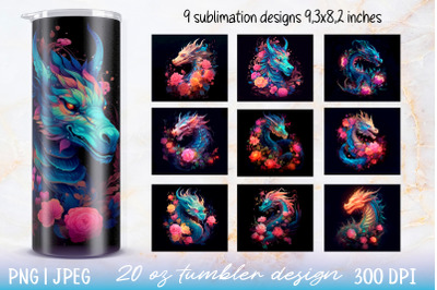 9 Skinny tumbler wrap illuminated dragon with flowers