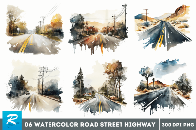 Watercolor Road Street Highway Clipart Bundle