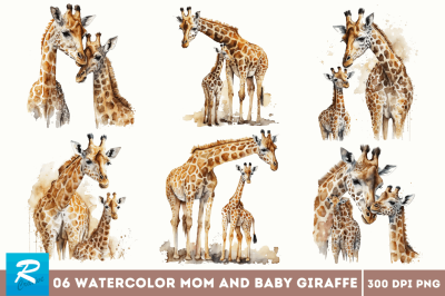 Watercolor Mom and Baby Giraffe Clipart Bundle