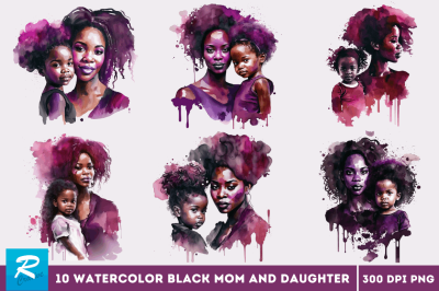 Watercolor black Mom and Daughter Clipart Bundle