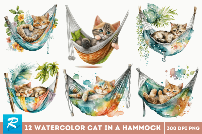 Watercolor Cute Cat in a Hammock Clipart Bundle