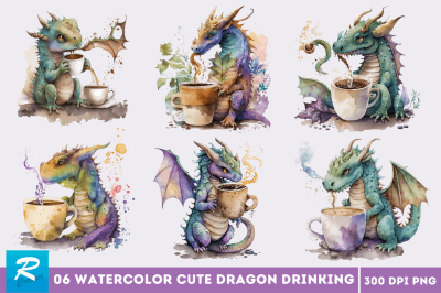 Watercolor Cute Dragon Drinking Coffee Clipart Bundle