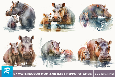 Watercolor Mom and Baby Hippopotamus Clipart Bundle
