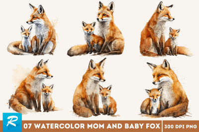 Watercolor Mom and Baby Fox Clipart Bundle