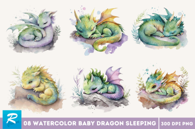 Watercolor Cute Baby Dragon Sleeping  Clipart Bundle