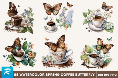 Watercolor Spring Coffee Butterfly  Clipart Bundle