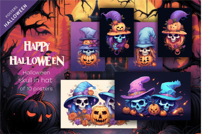 Set Halloween Skull posters. Halloween Clipart.
