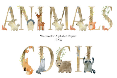 Watercolor alphabet with woodland animals.