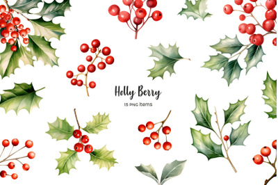 Watercolor holly berry clipart. Holly berries plant PNG. Christmas set