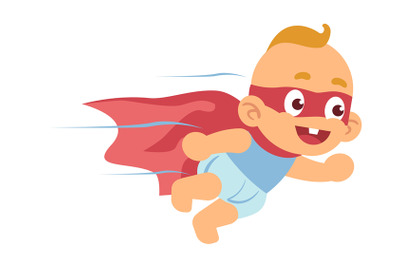 Baby superhero, little boy in red cape and mask flying. Super hero kid