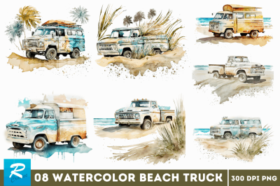 Watercolor Beach Truck  Clipart Bundle