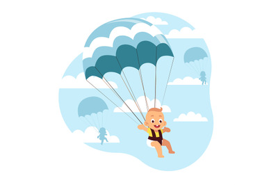 Baby birth concept, little boys and girls descend from sky by parachut