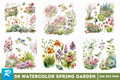 Watercolor Spring Garden Clipart Bundle