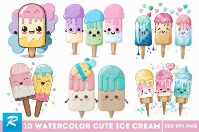 Watercolor Cute Ice Cream Clipart Bundle