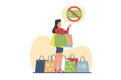 Big spending concept, shocked woman standing amidst many shopping bags