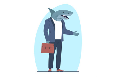 Business shark in suit with suitcase. Successful boss or manager. Man