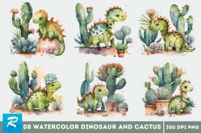 Watercolor Cute Dinosaur and Cactus Clipart Bundle