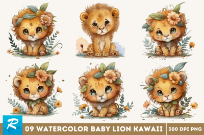 Watercolor Cute Baby Lion Kawaii Cartoon Clipart Bundle