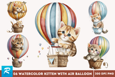 Watercolor Cute Kitten with Air Balloon Clipart Bundle