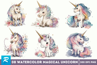 Watercolor Magical Unicorn Clipart Bundle