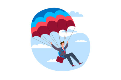 Businessman with briefcase parachutes down, taking risks to achieve hi