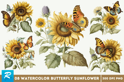 Watercolor Vintage Butterfly Sunflower Clipart Bundle