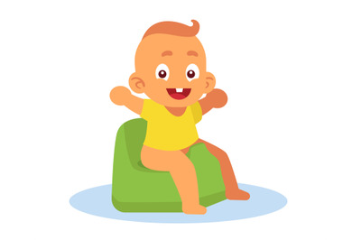 Cheerful child sits on potty. Toilet training. Morning or evening hygi