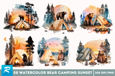 Watercolor Bear Camping at Sunset Clipart Bundle