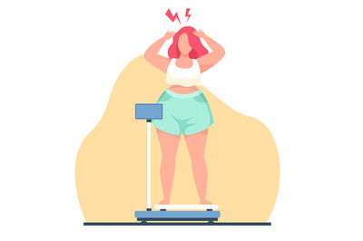 Concept of being overweight, fat girl scared that scale shows lot of w