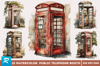 Watercolor Vintage Public Telephone Booth Clipart Bundle