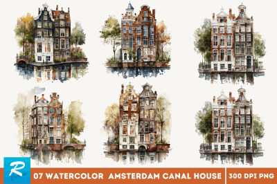 Watercolor Amsterdam Canal House Clipart Bundle
