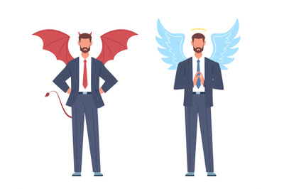 Concept of opposites&2C; good and bad&2C; businessman as angel and devil. Ev