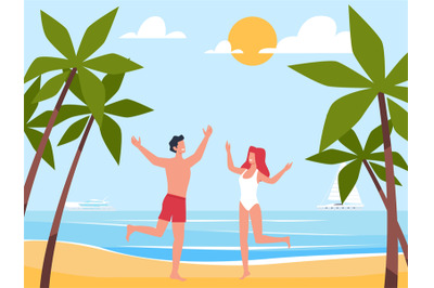 Joyful guy and girl in swimsuit jumping on beach enjoying summer vacat