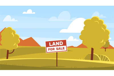 Land sale concept, signage with words about land sale. Meadow with tre