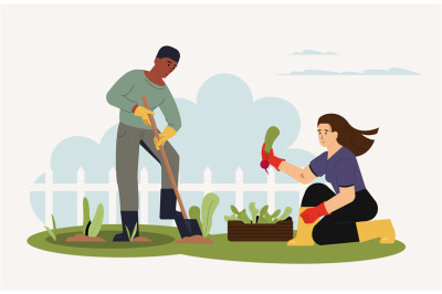 Agricultural employees working in garden with tools