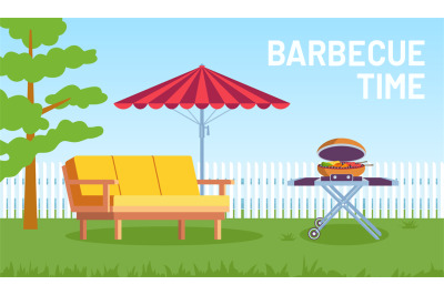 Bbq in garden. Cartoon summer outdoor backyard barbecue party with fur