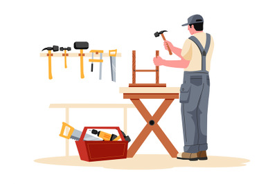 Carpentry workshop with work tools, repair and renovation