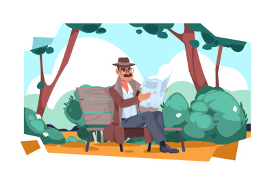 Cartoon detective character reading newspaper in park