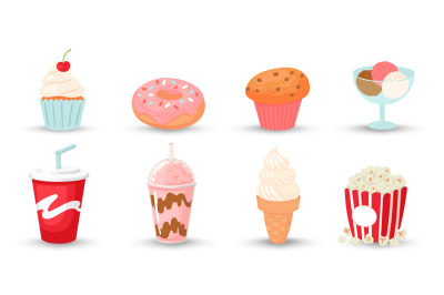 Cartoon fast food. Soda drink, milkshake, popcorn, ice cream, bakery