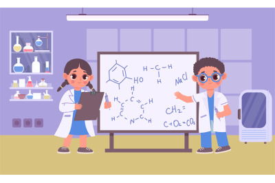 Cartoon kids in robes do chemistry experiment, children scientists