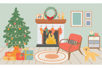 Christmas interiors room with fireplace and chair