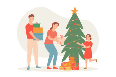 Family celebrate christmas at home, tree and gifts