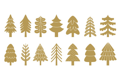 Golden christmas tree icons, spruces and pines of different shape