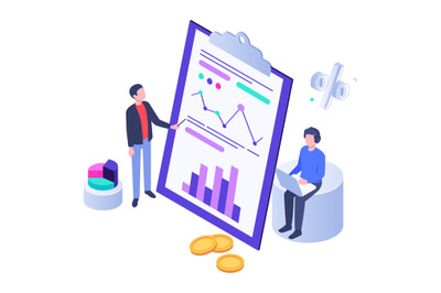 Isometric business analysis with chart and graphics