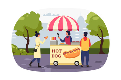 Woman buying hot dog, concept of street food