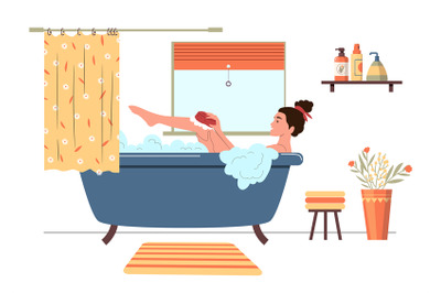 Woman in bath. Relaxed girl in bathtub with foam bubbles in bathroom i