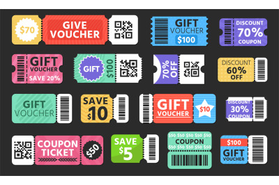 Gift voucher set. Retro vintage raffle stickers with offer code&2C; disco