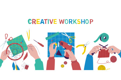 Creative workshop. Cartoon children drawing and painting workshop, kid