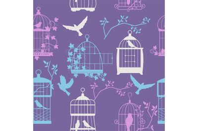 Bird cage pattern. Seamless print of ornate wooden bird cages with var